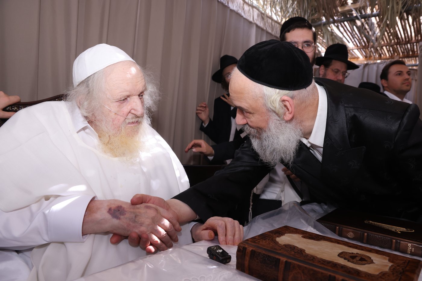 רבנים בביקורים בסוכתו של הגאון רבי משה שטרנבוך שליט"א | צילום: באדיבות המצלם