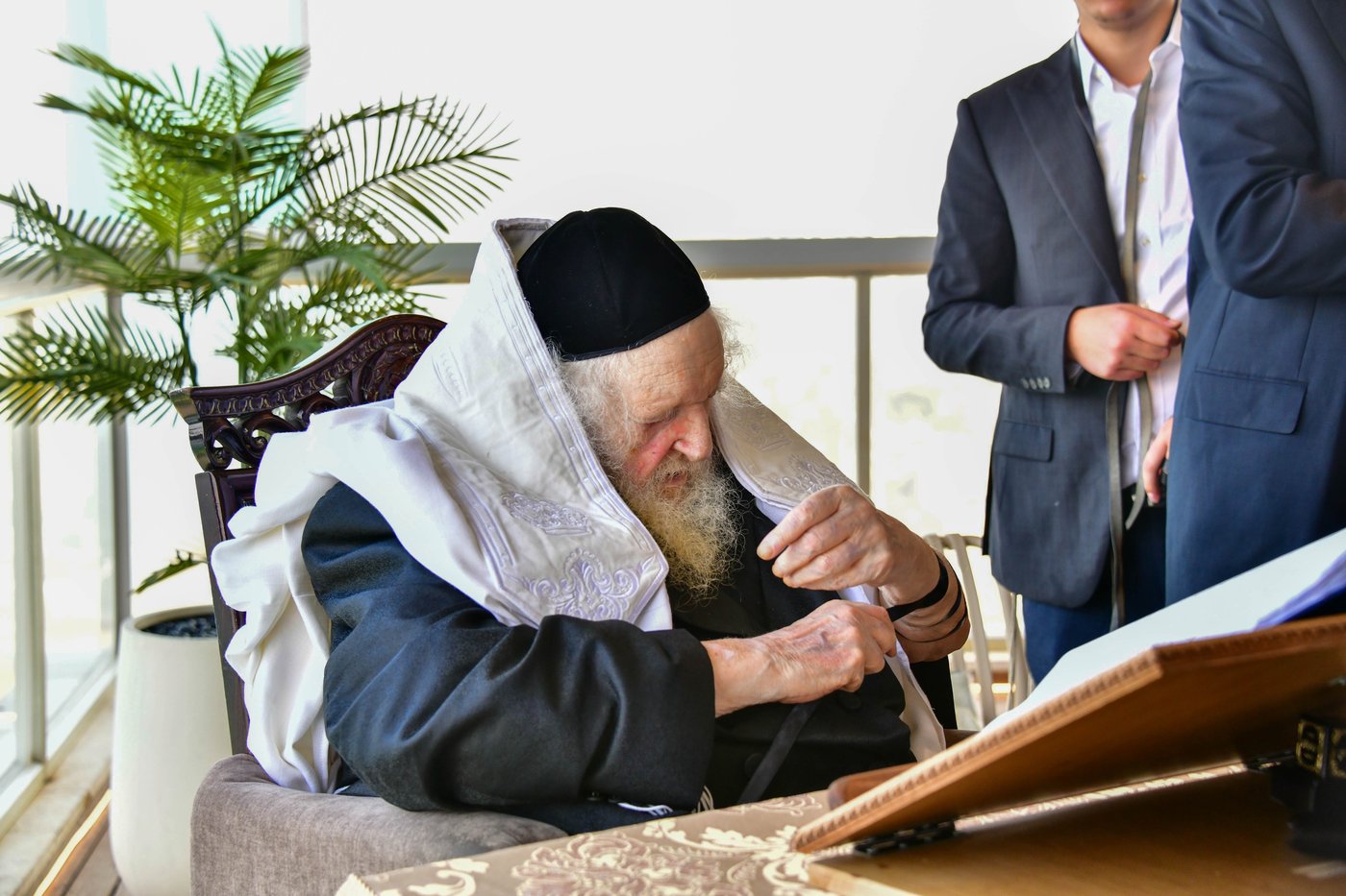 הגאון רבי משה שטרנבוך שליט"א בתפילת שחרית בנתניה | צילום: שוקי לרר