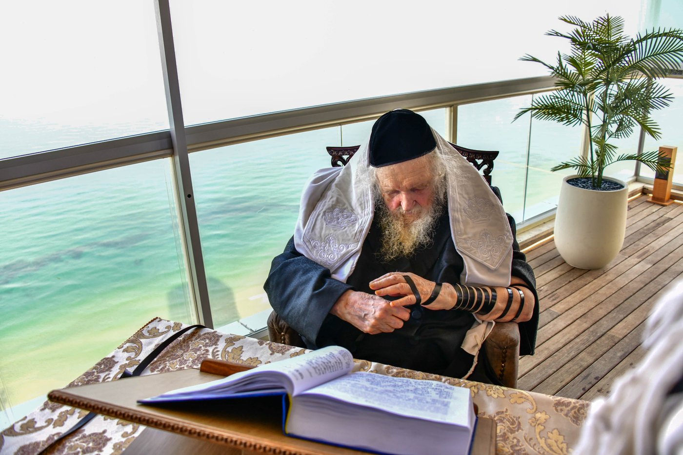 הגאון רבי משה שטרנבוך שליט"א בתפילת שחרית בנתניה | צילום: שוקי לרר