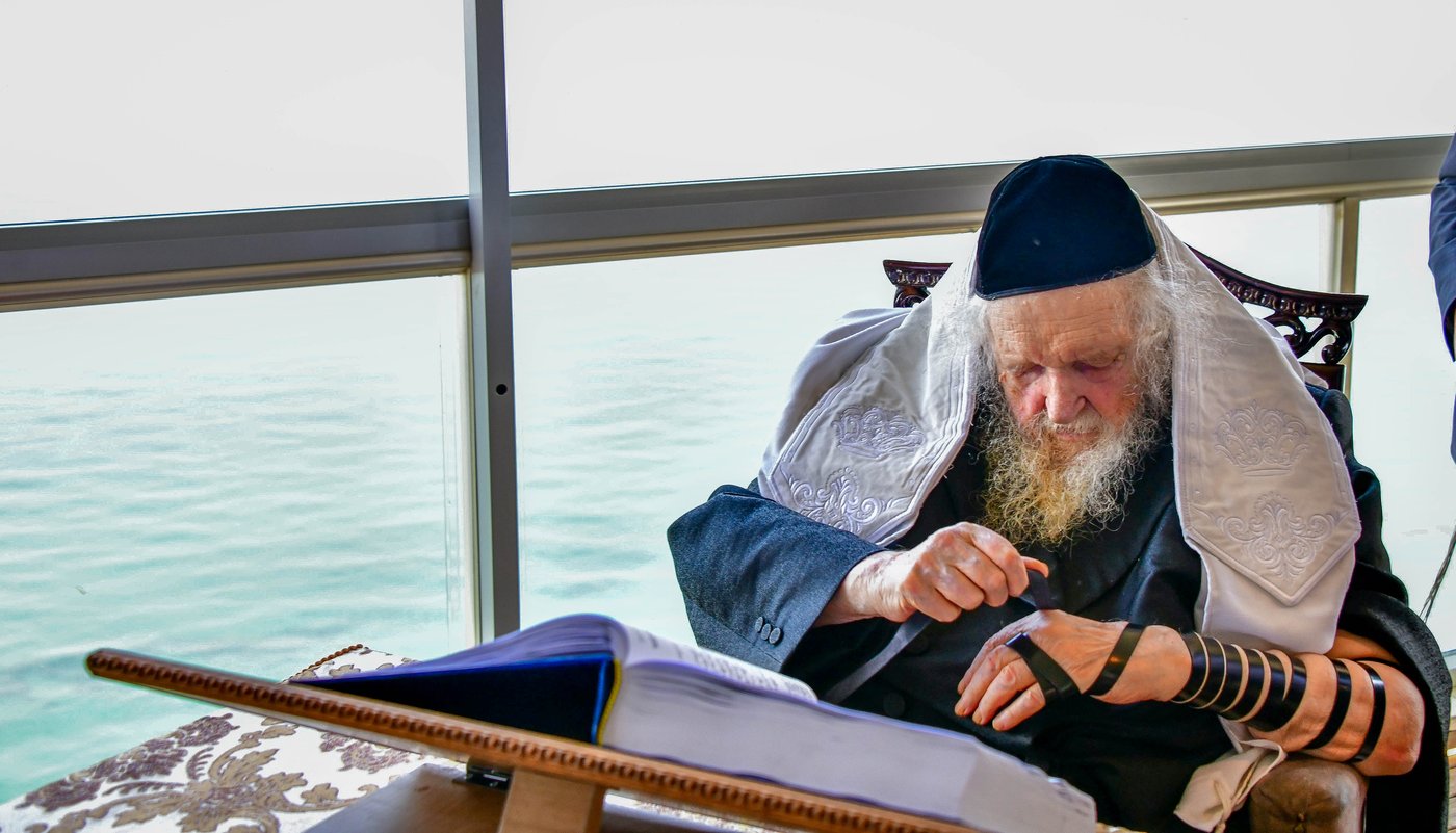הגאון רבי משה שטרנבוך שליט"א בתפילת שחרית בנתניה | צילום: שוקי לרר