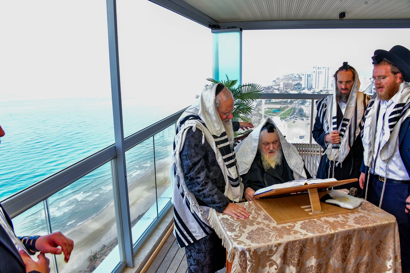 הגאון רבי משה שטרנבוך שליט"א בתפילת שחרית בנתניה | צילום: שוקי לרר
