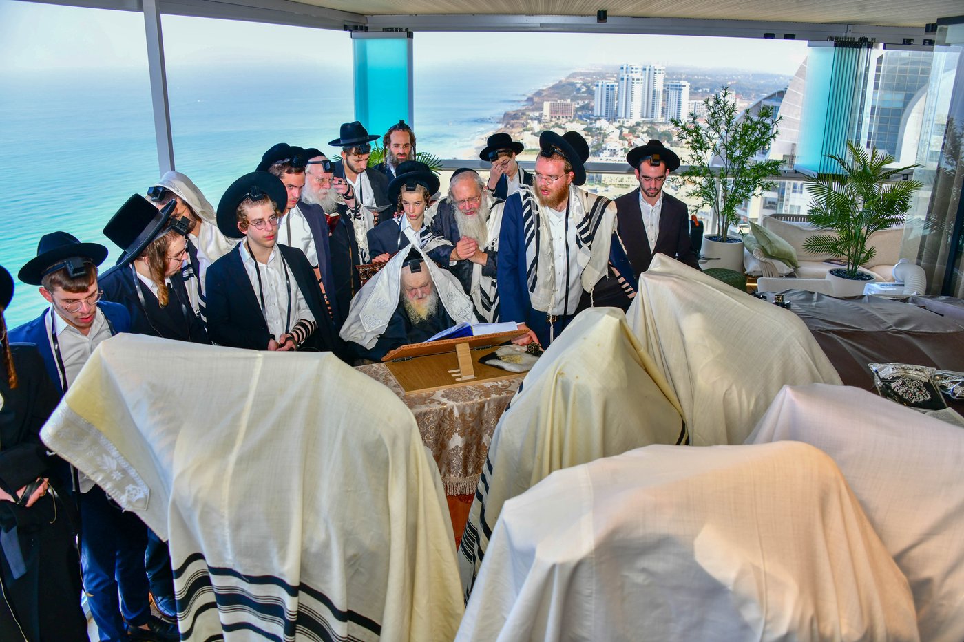 הגאון רבי משה שטרנבוך שליט"א בתפילת שחרית בנתניה | צילום: שוקי לרר