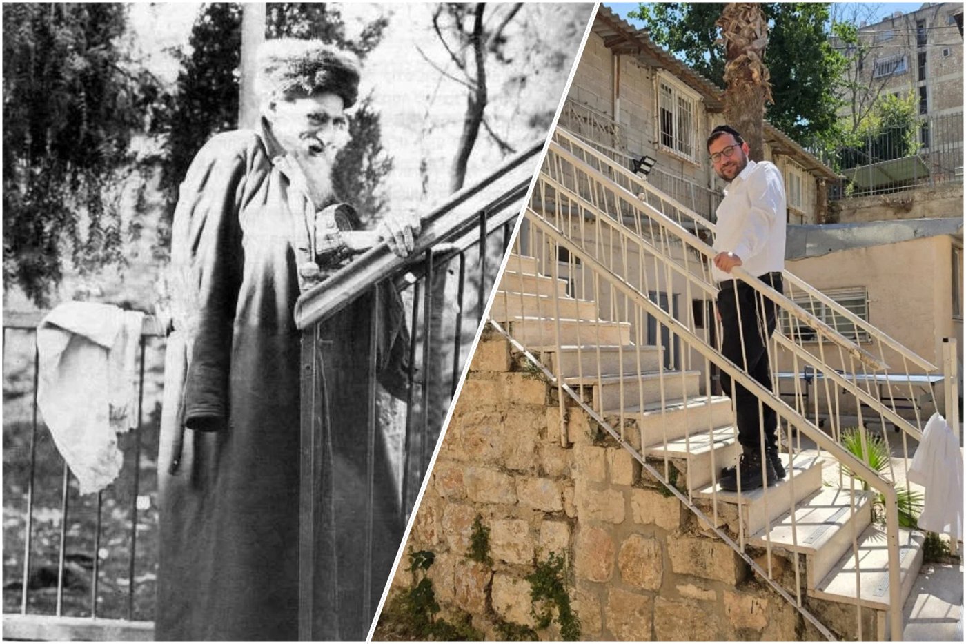 ישראל שפירא עולה בגרם המדרגות ההיסטורי, בו תועד הגה"צ רבי איצ'לה בלאזר זצוק"ל