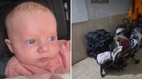 התינוקת ליה גולובנציץ משמאל, מימין הבניין בו היה המעון 