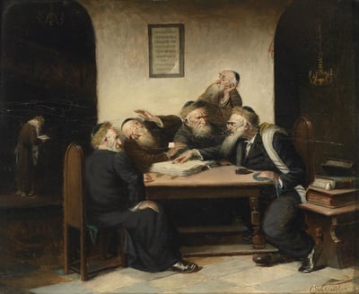 "קושיא בתלמוד", ציור מאת קרל שלייכר, בערך 1870.