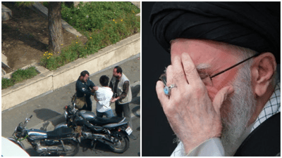 איש הבסיג' (מימין) ושוטר (משמאל) עוצרים צעיר איראני ליד הפרלמנט בטהראן, 24 ביוני 2009