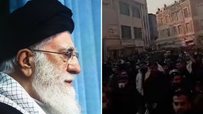 מימין המחאות באיראן, משמאל המנהיג עלי חמינאי