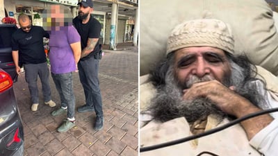 מימין: הגאון המקובל הרב עמוס גואטה זצ"ל, משמאל: מעצר החשוד ברצח