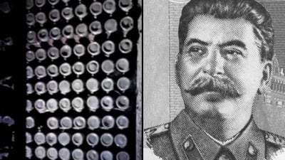מימין ג'וזף סטלין, משמאל חלק מהיינות שהתגלו במרתף
