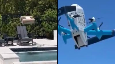 רחפן משלוחים של אמזון הטיל חבילה לתוך בריכת שחייה