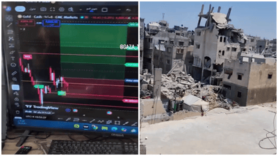 עמדת מסחר בזהב בתוך אוהל בין הריסות עזה