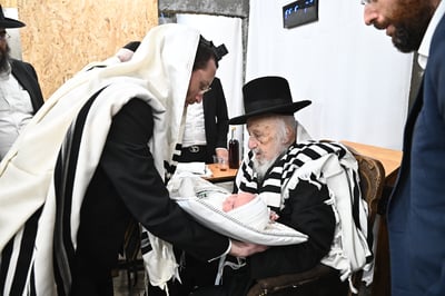 מרן הגרב"ד פוברסקי שליט"א בשעת הסנדקאות | צילום: שוקי לרר