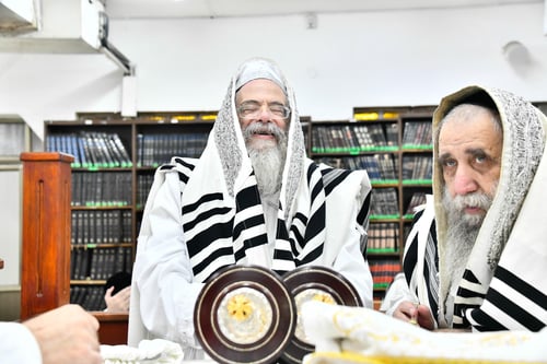 לבן כשלג: האדמו"ר מחוג חתם סופר עם כיפה לבנה בהושענא רבה