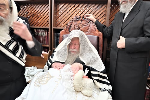 הרבי מקוזמיר 'סינדק' בברית לנכדו, על כסא הירושה של אביו זצ"ל | צפו בתיעוד