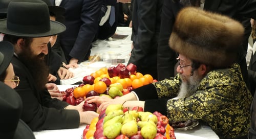 מלוא חופניים ברכות: התיעוד המרהיב מטיש הפירות של הרבי מסקולען לייקווד
