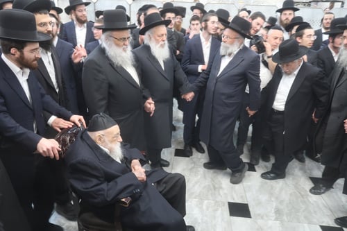 הגאון הישיש בעל ה'אמרי יושר' פיזז עם נינו החתן לקול שירת "ואמר ביום ההוא" | צפו